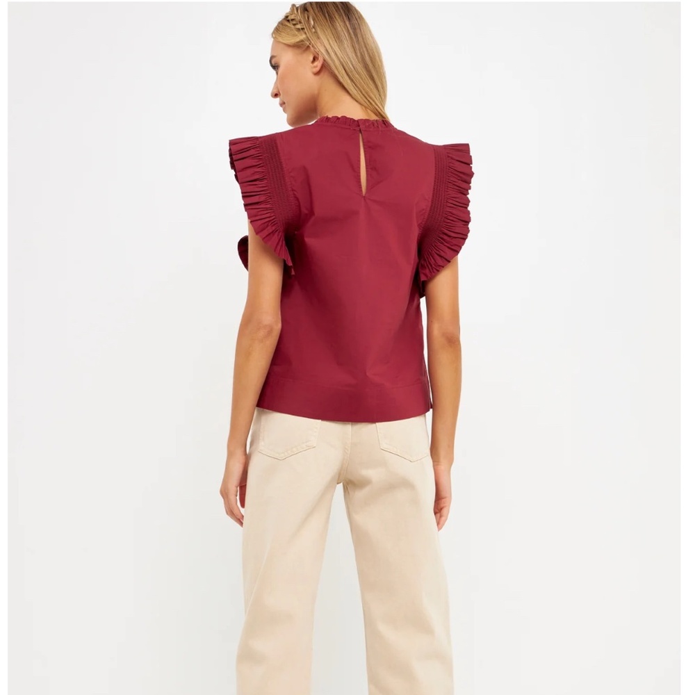 ENGLISH FACTORY BURGUNDY RUFFLE SLEEVE POPLIN TOP - Picture 2 of 12